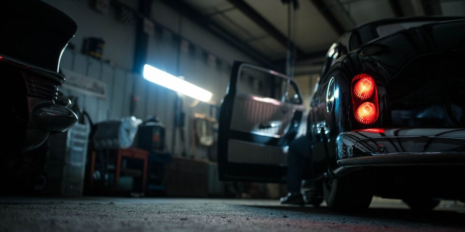 dark car inside a garage with carpet