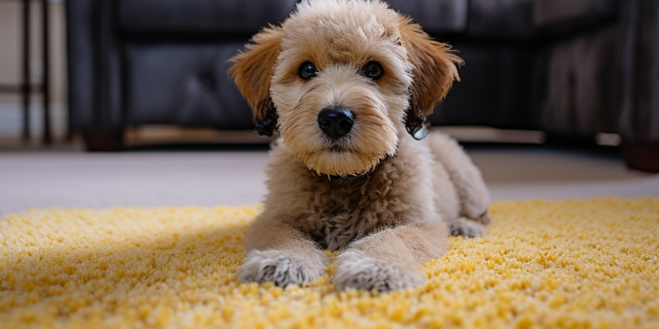 small dog laying on plush carpet