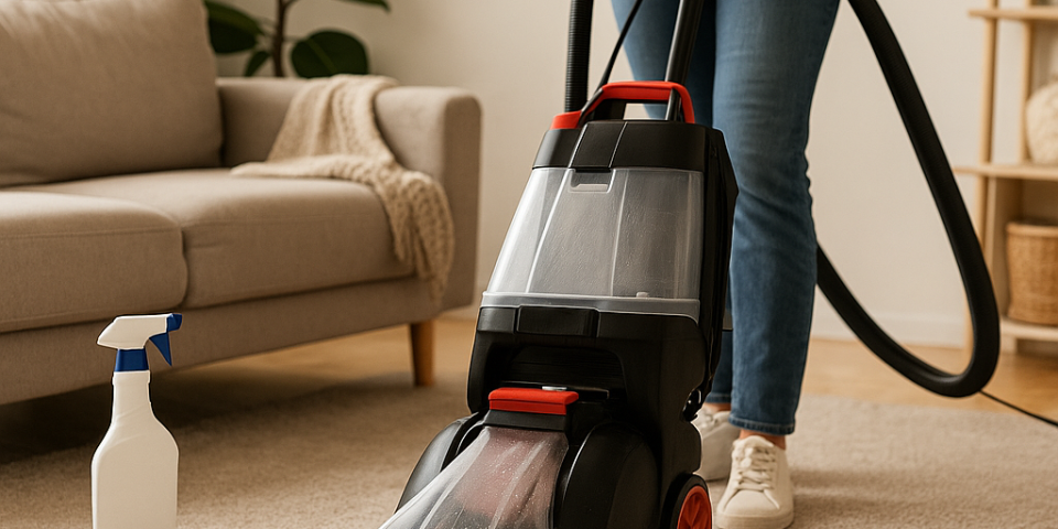 women using a new carpet cleaner in a living room with carpet