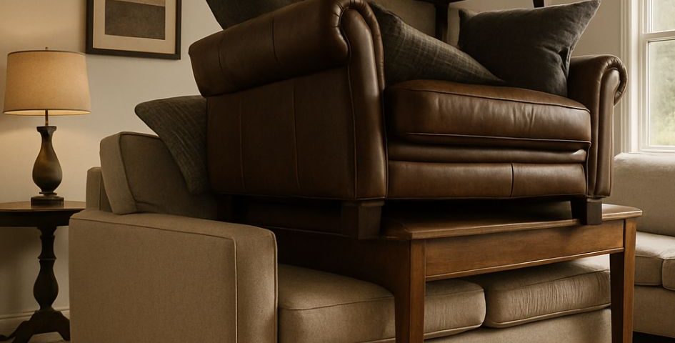 heavy furniture stacked on top of each other over carpet