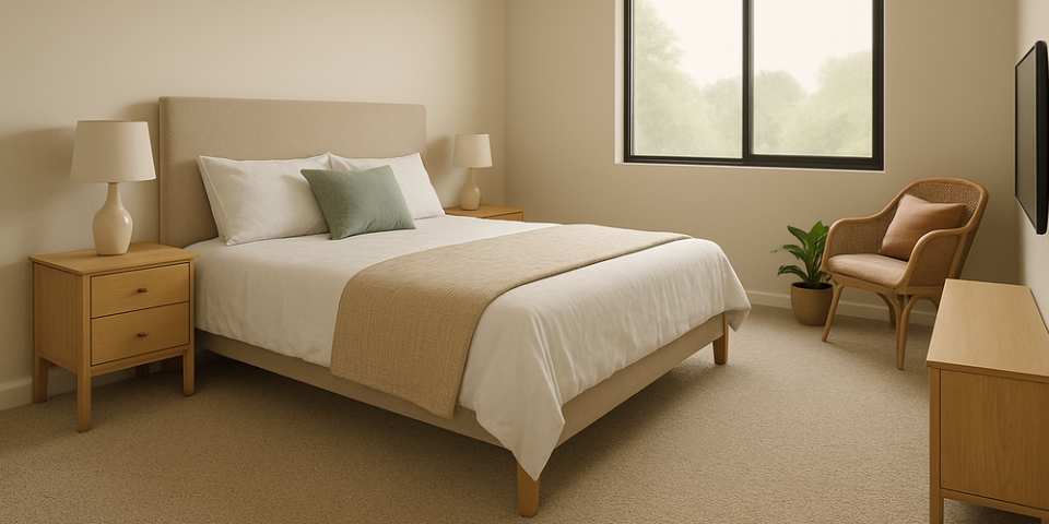 Photograph of a small bedroom with light-colored carpet, minimalist furniture, and soft natural lighting, designed to feel open and cozy.