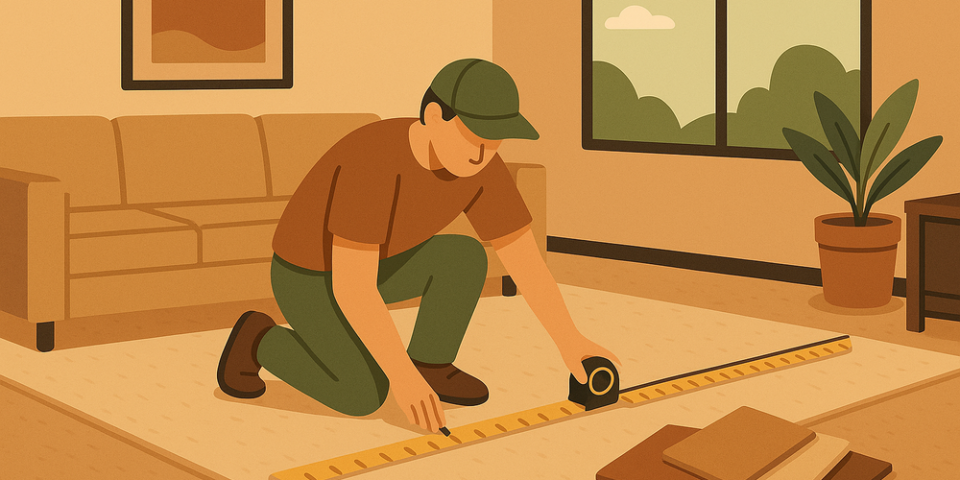 person measuring a living room floor with a tape measure, carpet sample swatches nearby, planning for installation.